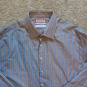 Thomas Pink Dress Shirt Mens 18 Blue Brown Striped Slim Fit French Cuff Cotton